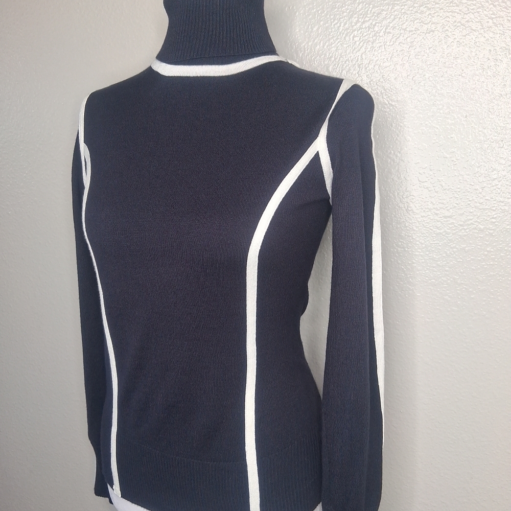 Grace Women's Navy White Rayon Nylon Turtleneck Sweatshirt Nautical Preppy XS